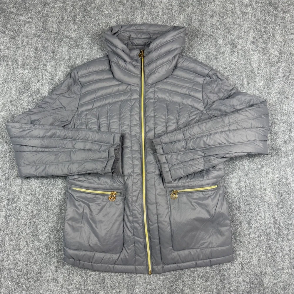 Michael Kors Down Puffer Jacket Women Large Gray Packable Gold Zip Funnel Neck